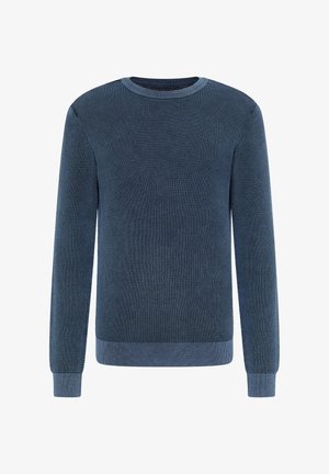 Maglione blu lavorato a maglia con collo rotondo, maniche lunghe, texture a coste e polsini e orlo in costina a contrasto.