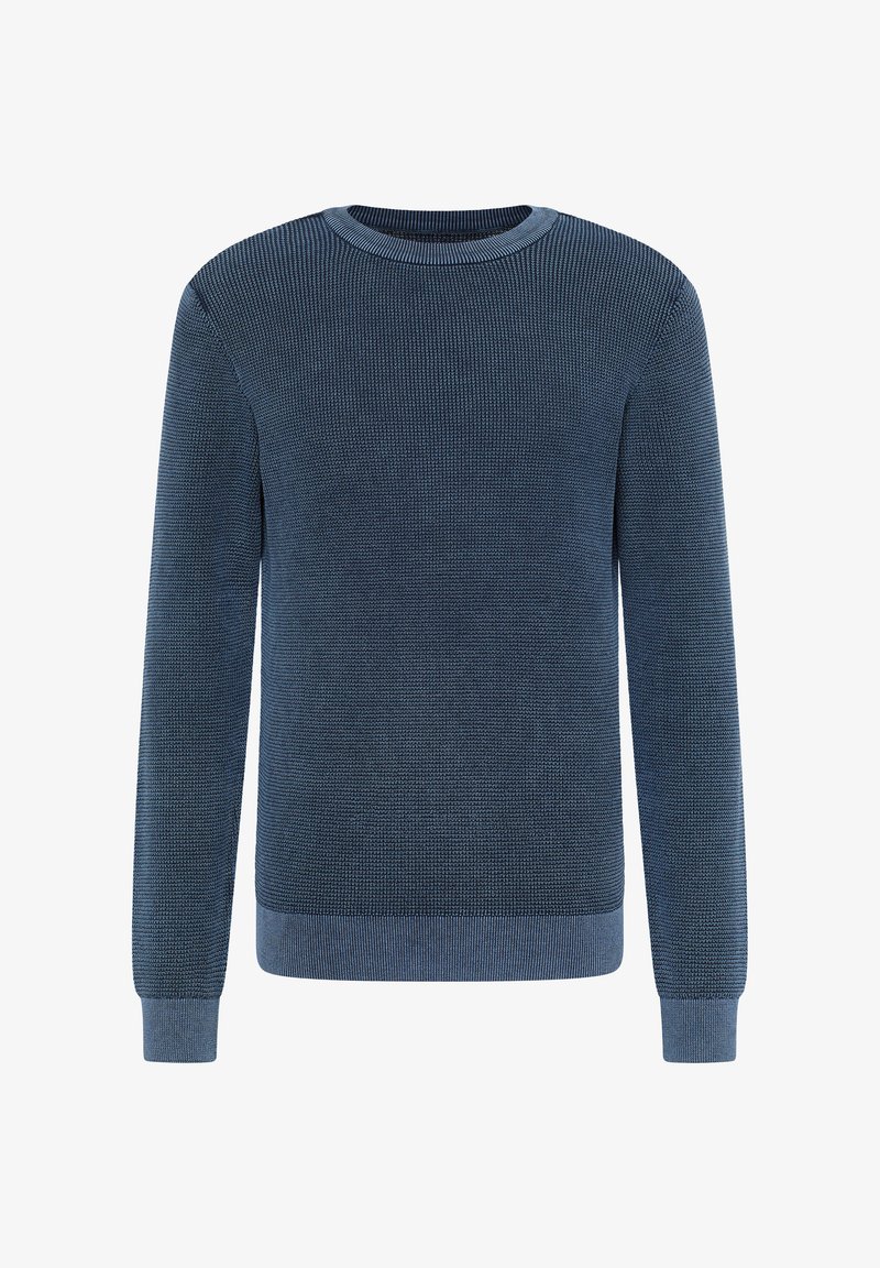 Blau gestrickter Pullover mit Rundhalsausschnitt, langen Ärmeln, gerippter Textur und kontrastierenden Rippbündchen sowie Saum.