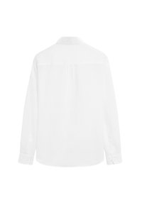 Long-sleeved white shirt made of lightweight fabric with a classic collar and button cuffs, featuring a smooth texture and back pleat.