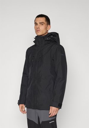 Black waterproof jacket with a high collar, adjustable hood, zippered pockets, and cuffs featuring Velcro fasteners. Smooth, matte texture.