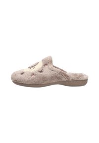 Zapatilla beige difusa con parte posterior abierta, que presenta un diseño de cara sonriente, textura suave y detalles en rosa claro en los lados.