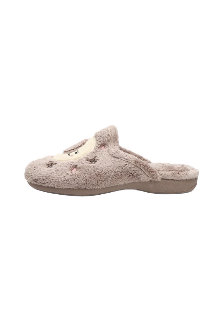 Zapatilla beige difusa con parte posterior abierta, que presenta un diseño de cara sonriente, textura suave y detalles en rosa claro en los lados.