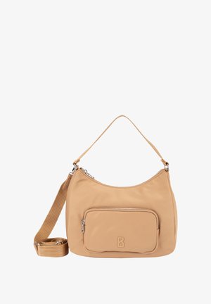 Beżowa nylonowa torba na ramię o zaokrąglonym kształcie, z zamkiem błyskawicznym u góry, przednią kieszenią, regulowanym paskiem oraz tłoczonym logo na przedniej stronie.