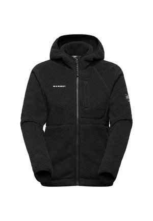 Black fleece jacket with a hood, featuring a front zipper, a chest pocket, and textured fabric. Logo displayed on the front.