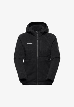 Schwarze Fleecejacke mit Kapuze, ausgestattet mit einem Reißverschluss auf der Vorderseite, einer Brusttasche und strukturiertem Stoff. Logo auf der Vorderseite angezeigt.