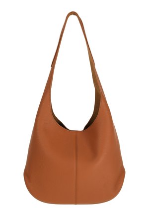 Bruine leren schoudertas met een enkele brede riem en een zachte, afgeronde onderkant, met zichtbare stiksels in het midden aan de voorkant.