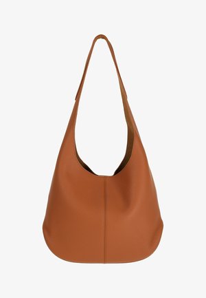 Borsa a tracolla in pelle marrone con una singola tracolla larga e fondo morbido e arrotondato, con cuciture visibili al centro davanti.