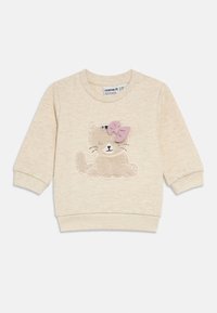 Hellbeiges Sweatshirt mit langen Ärmeln, verziert mit einem gestickten Katzendesign und einer rosa Schleife, strukturierter Stoff und gerippte Bündchen.