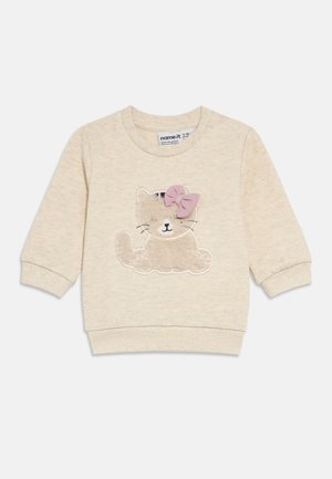 Felpa beige chiaro con maniche lunghe, decorata con un ricamo di gatto e un fiocco rosa, tessuto strutturato e polsini a coste.