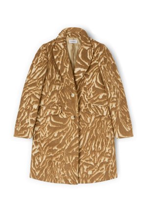 Manteau en laine brun avec un motif texturé rappelant celui d'un zèbre, doté d'un col à crans, de deux poches avant et de deux boutons pour la fermeture.