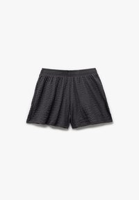 Pantalones cortos negros de tela texturizada, con cinturilla elástica y corte holgado. Sin bolsillos ni detalles adicionales. Diseño simple y funcional.