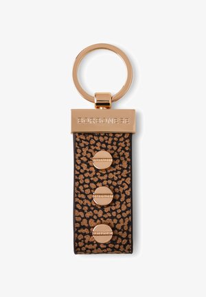 Llavero de cuero con estampado de leopardo, que cuenta con una placa de metal color dorado con "BORBONESE" y tres remaches circulares. Anilla redonda para llaves adjunta.