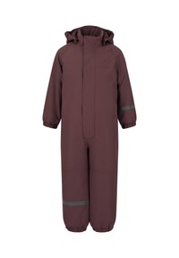 Bordeaux waterdichte overall met een capuchon, elastische manchetten en reflecterende strepen op de mouwen en benen; gladde textuur en losse pasvorm.