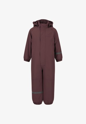 Vínové voděodolné overal s kapucí, elastickými manžetami a reflexními pruhy na rukávech a nohavicích; hladká textura a volný střih.