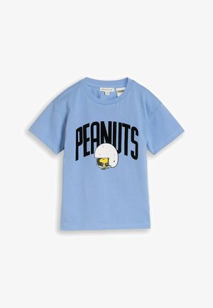 Hellblaues T-Shirt mit kurzen Ärmeln mit dem Text "PEANUTS" und einer gelben Figur mit weißem Helm auf der Vorderseite.