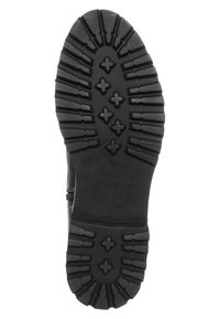Czarna gumowa podeszwa z głębokim bieżnikiem, z krzyżykami i liniowymi kształtami dla lepszej przyczepności. Płaski design z lekko podniesionym obcasem. Oznaczony rozmiar 37.