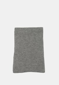 Tessuto a maglia rigata grigio, forma rettangolare, morbida al tatto, con un motivo sottile, senza hardware o accenti visibili.