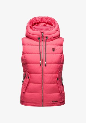 Chaleco acolchado rosa con capucha, cremallera frontal y cordones ajustables. Cuenta con dos bolsillos laterales y textura acolchada. Logo de la marca en el frente.