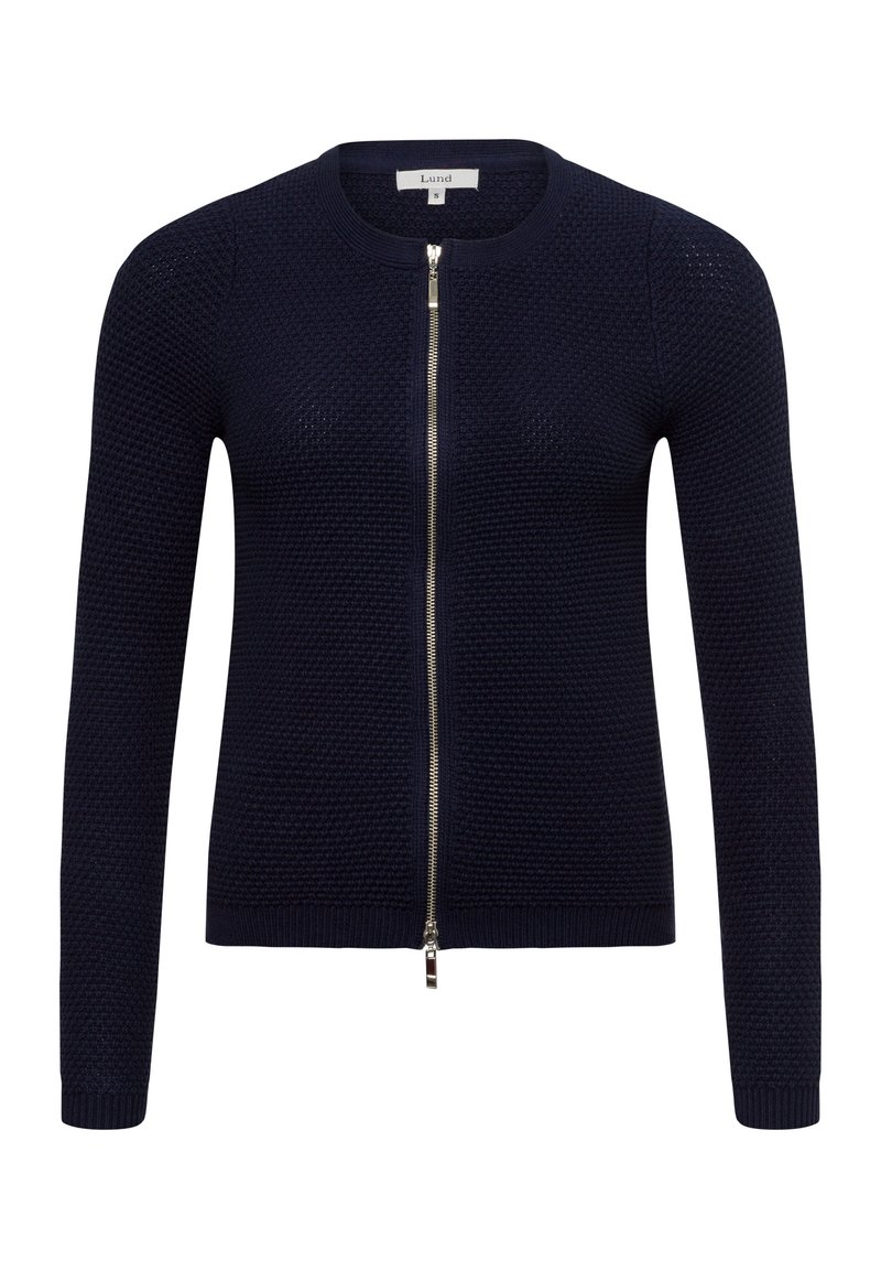 Marineblauer, gestrickter Cardigan mit Rundhalsausschnitt, langen Ärmeln und Reißverschluss. Verfügt über eine strukturierte Oberfläche und einen gerippten Saum.