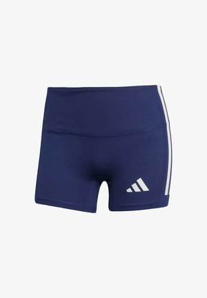 Donkerblauwe sportshorts met een strakke pasvorm, gemaakt van gladde stof, met witte zijstrepen en een logo op de linkeronderzijde.