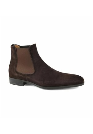 Dark brown suede Chelsea boot with elastic side panel and low black heel, shown in profile against white background.