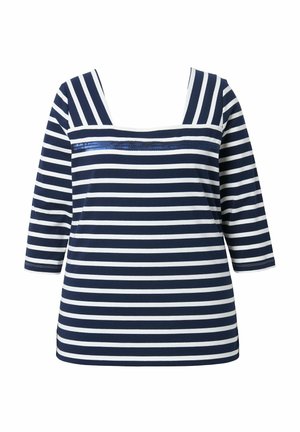 Modrá námořnická a bílá tričko s vodorovnými pruhy, 3/4 rukávy a čtvercový výstřih s námořnickým flitrovým vodorovným pruhem přes hrudník.