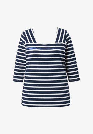 T-shirt à rayures horizontales bleu marine et blanc, manches trois-quarts et encolure carrée, avec une bande horizontale de sequins bleu marine sur la poitrine.