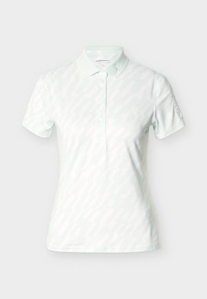 Svetlo mintno zelena polo majica z nežnim abstraktnim vzorcem, kratkimi rokavi, trirazporkom z gumbi in logotipom na desnem rokavu.