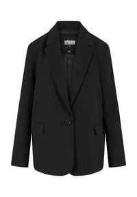 Czarna marynarka uszyta z gładkiego materiału, z pojedynczym zapięciem na guzik, klapami w kształcie notcha i dwiema przednimi kieszeniami. Prosty, dopasowany fason.