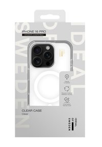 Clear iPhone 16 Pro case featuring a transparent design and MagSafe compatibility. Packaged with recycling and drop test information.