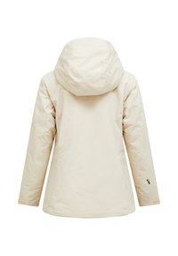 Beige vinterjakke med hætte, lange ærmer, sidelommer og justerbare håndledsremme, vist fra ryggen.