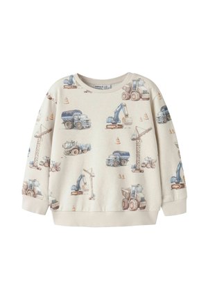 Sweat-shirt crème pour enfant avec des engins de chantier imprimés, comprenant des grues, des pelleteuses, des camions-bennes et des cônes de chantier aux couleurs atténuées.