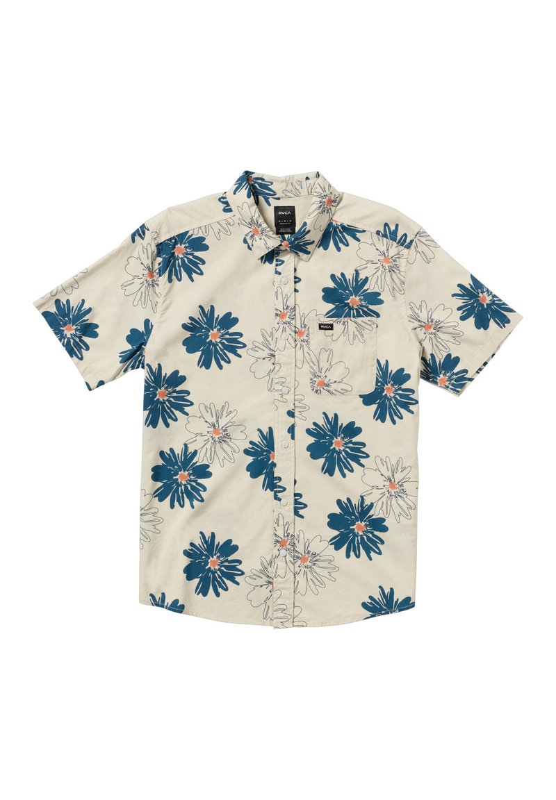 Short-sleeve button-up shirt in light beige with large blue and white floral pattern, single chest pocket, and brand tag on collar.