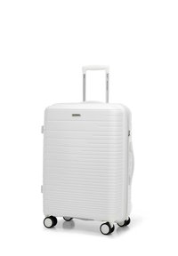 White hard-shell suitcase with textured horizontal lines, retractable handle, and four black wheels for easy mobility. Brand name visible on front.