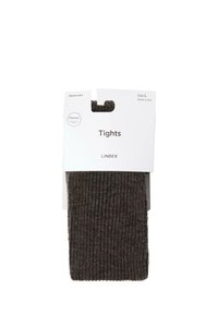 Merinoullstrumpbyxor i mörkbrun med ribbad textur. Förpackade med en vit etikett som anger storlek L, tillverkade i Italien.