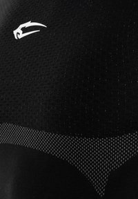 Black textured fabric with a small white stylized animal logo near the top and a patterned horizontal band across the middle.