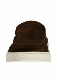 Brown suede slip-on shoe with a rounded toe, contrasting white rubber sole, and visible stitching along the edges. No laces present.