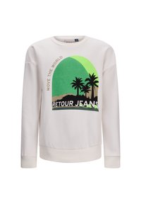 Felpa crema con collo rotondo, maniche lunghe e grafica verde che presenta palme, sole e il testo "MOVE THE WORLD RETOUR JEANS."