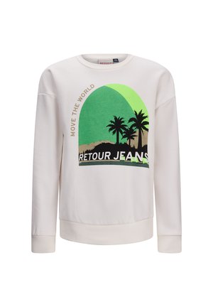 Felpa crema con collo rotondo, maniche lunghe e grafica verde che presenta palme, sole e il testo "MOVE THE WORLD RETOUR JEANS."