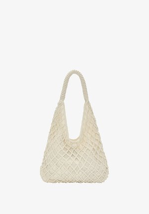 Cremfarbener gewebter Handtasche mit einem Diamantmuster, weicher Textur und einem Schlaufenhenkel, der eine lässige Hobo-Form zeigt.