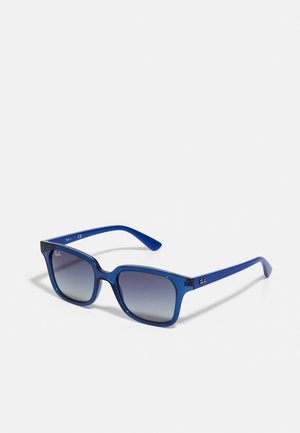 Blue plastic sunglasses with rectangular frames, gradient grey lenses, and silver logo accents on the temple. Smooth texture throughout.