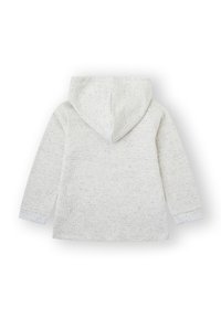 Sudadera con capucha de color gris claro con un patrón texturizado y moteado. Presenta mangas largas y puños acanalados. Vista trasera.