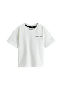 White cotton t-shirt with a round neckline and short sleeves. Features a small black "ALLSAINTS" logo on the front. Smooth texture.