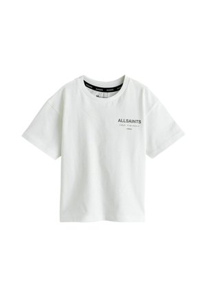White cotton t-shirt with a round neckline and short sleeves. Features a small black "ALLSAINTS" logo on the front. Smooth texture.