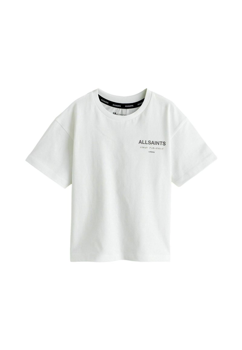 White cotton t-shirt with a round neckline and short sleeves. Features a small black "ALLSAINTS" logo on the front. Smooth texture.