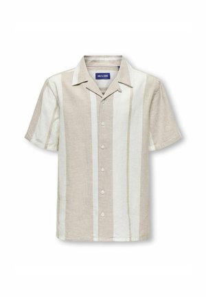 Kortærmet skjorte med knapper i lys beige og off-white striber, lavet af struktureret stof, med spids krave og fem knapper.