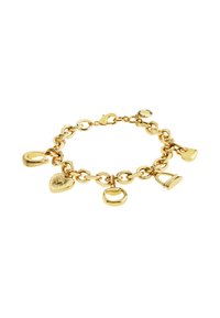 Goldfarbene Charm-Armband mit Gliedern und sieben verschiedenen Charms, darunter ein Herz, ein Hufeisen und ein Vorhängeschloss, mit einer polierten Oberfläche.