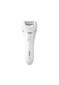 Philips Epilierer aus weißem Kunststoff mit silbernen Akzenten; verfügt über einen ergonomischen Griff, einen sichtbaren Haarentfernungskopf und Power-Tasten.