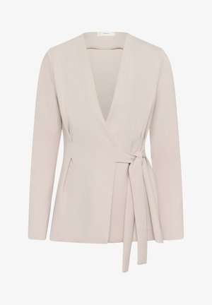 Svetlo bež dolg rokav zavitek blazer z globokim v-izrezom in podrobnostjo zavezovanja na strani, krojen kroj, brez gumbov ali ovratnika.