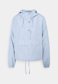 Harmaansininen, hupullinen takki nylonista. Sisältää etutaskun, joustavat hihansuut ja nauhat helmassa säädettävää istuvuutta varten.